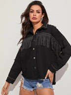 Beaded Loose Jacket Denim With Fringed Fringe