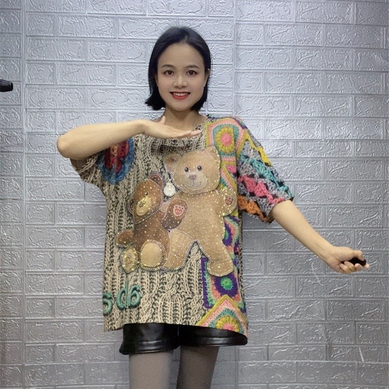 Diamond-embedded Design Printed Women's Loose Sweater Top