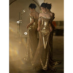 Women's Gold Off shoulder Bridal Fishtail Dress